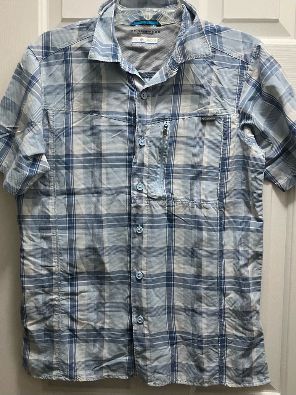 Columbia Men's S Vented Shirt Omni-Shade Sun Protection Blue Plaid Outdoor